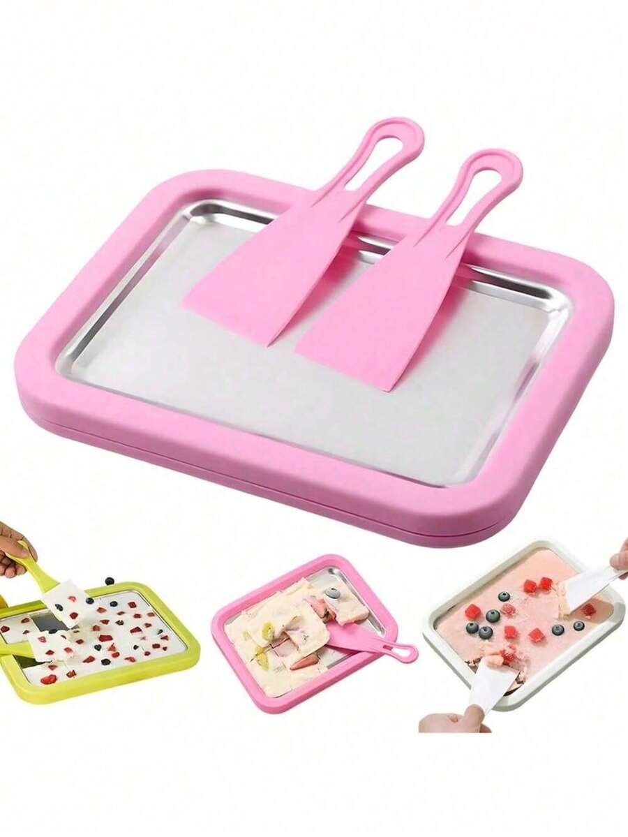 3件組冰淇淋製作套裝，家用冰淇淋滾筒機附冷凍盤與2個刮板，DIY冰淇淋盤，不鏽鋼冷凍甜點製作機，適用於飲料製作、奶茶店、夏季飲品、飲料愛好者、派對餐飲