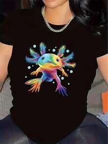 Colorful Axolotl Design T-Shirt | Lightweight And Durable Fabric, Comfortable Fit, Ideal For Casual Lounge Wear, Vibrant Artistic Print On Soft Material, Crew Neck, Medium Stretch - [白色的] - 查看 6