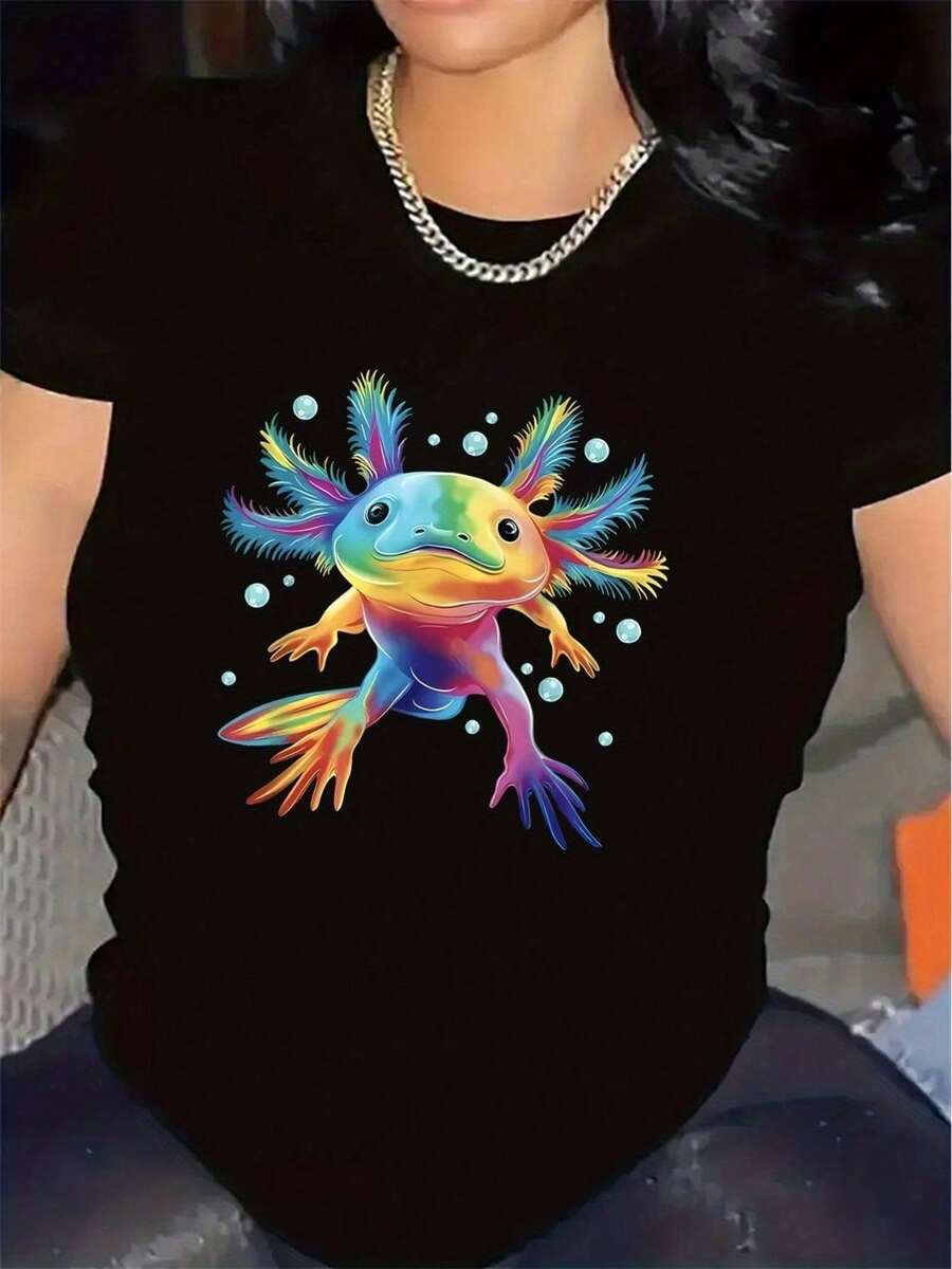 Colorful Axolotl Design T-Shirt | Lightweight And Durable Fabric, Comfortable Fit, Ideal For Casual Lounge Wear, Vibrant Artistic Print On Soft Material, Crew Neck, Medium Stretch - 黑色 - 查看 1