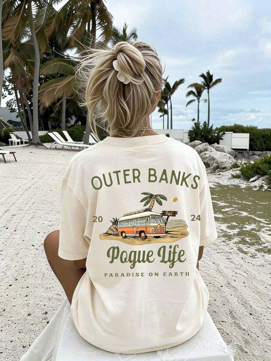 [Entrega Local]Playera Para Mujer [Entrega Local]Playera Para Mujer con Estampado de Árbol de Camping Falso, Verano para Mujer, Playa para Mujer, Ropa de Club, Camiseta Casual de Talla Grande, Corte Holgado, Cuello Redondo, Manga Corta, para Vacaciones - Albaricoque - Ver 1