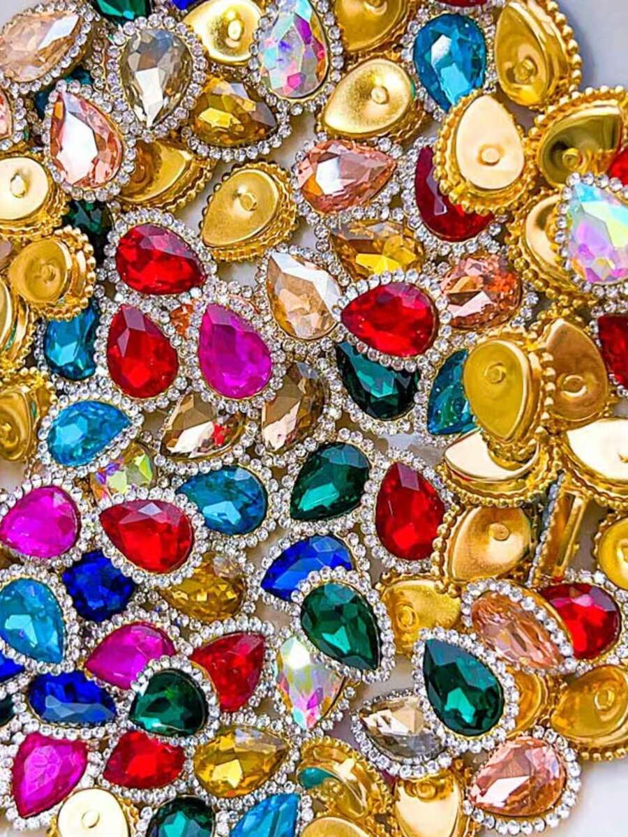 10/50/100/200pcs Shiny Teardrop Rhinestone Buttons, Multi-Color Crystal Gemstone Decor With Gold Frame, Flat Back Sew-On Rhinestones, Suitable For DIY Clothing, Halloween Decor, Jewelry Making, Hair Accessories, Wedding Dress, Christmas Home Decor - A - View 1