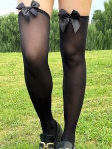 女士长筒袜1双装，夏季薄款防勾丝高筒袜，及膝大腿隐形蕾丝美腿袜 - 黑色 - 查看 7
