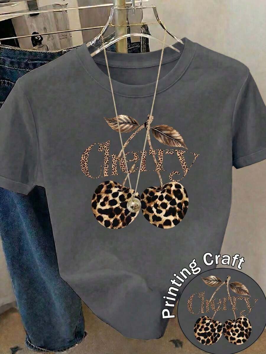 Nueva camiseta de manga corta con cuello redondo para mujeres, estación de verano, diseño de flores de cerezo con estampado de leopardo, camiseta femenina limitada de temporada, transpirable y absorbe la sudor. - Gris Oscuro - Ver 1