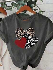 Women's Casual Short Sleeve Round Neck T-Shirt With Leopard And Heart Print, Polyester Blouse - Dark Grey - View 2