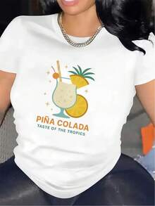 OversizeCamiseta de manga corta para mujer, con diseño de cóctel de piña, está confeccionada con un tejido ligero y resistente, lo que la hace perfecta para la playa, la piscina o fiestas de temática tropical. Ofrece un ajuste cómodo y es adecuada para salidas casuales de verano. - Blanco - Ver 1