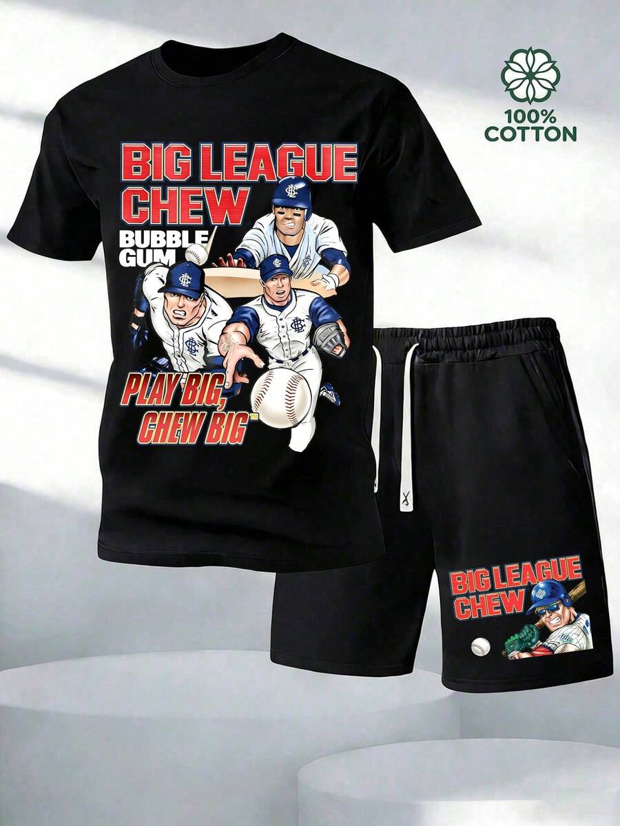 Men's 2PC Big League Chew Baseball Graphic Tee And Shorts. Soft, Breathable Cotton. Streetwear For Summer, Vacation, And Daily Wear. - 黑色 - 查看 1