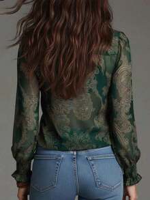 Blusa de gasa con cremallera, estampado de paisley barroco elegante y estilo vacacional, con volantes. Blusa de gasa transparente con estampado floral todo sobre todo para uso diario y vacaciones, primavera/verano - Verde Oscuro - Ver 5