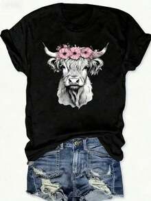 100% cotton Camiseta de dama con estampado de vacas rosadas del páramo - Diseño de corona floral, estilo casual de cuello redondo, mangas cortas, semitransparente, cómoda para usar en todas las estaciones, lavable en máquina, estampado artístico - Negro - Ver 1