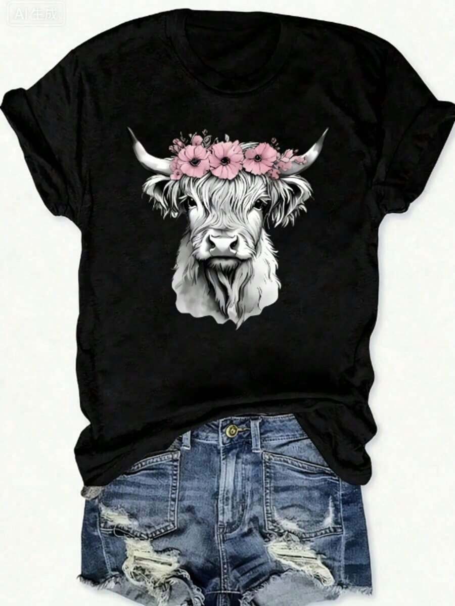 100% cotton Camiseta de dama con estampado de vacas rosadas del páramo - Diseño de corona floral, estilo casual de cuello redondo, mangas cortas, semitransparente, cómoda para usar en todas las estaciones, lavable en máquina, estampado artístico - Negro - Ver 1