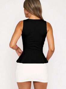 1 pieza Blusa informal de punto de unicolor con volante, rosa de verano - Negro - Ver 6