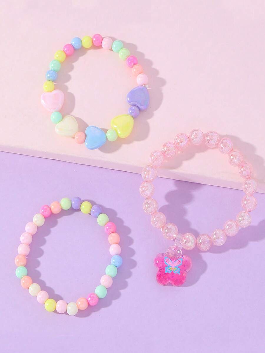 3pcs/Set Girls Cute Flower & Heart Charm Bracelet Jewelry Set, Beaded Children's Bracelet Accessories, Random Color, Suitable For Girls Party Gifts - one-size - View 1