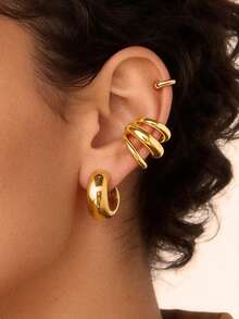 1 Set 2-Tone Gold & Silver Multi-Layer Ear Cuff Earrings, No Piercing Required, Stainless Steel Material, Minimalist & Elegant, Suitable For Daily Wear And Party Looks - Multicolor - View 5