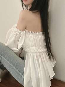 Korean Style Delicate One-Shoulder Long Sleeve Blouse White - White - View 4