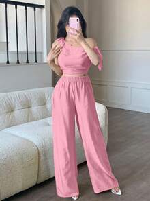 abyoxi 女士粉色性感不对称领单肩系带收腰简约上衣搭配阔腿裤两件套休闲通勤度假海滩春夏装 - 粉色 - 查看 4