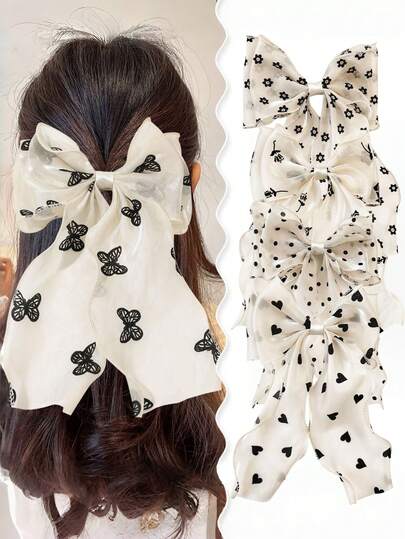 1pc Girls Large Bow Hair Clip, Elegant Black Print Satin Hair Bow With Long Tassel, Cute Sweet Style Hair Barrette For Daily & Party