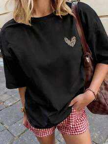 Camiseta de mujer estampada de manga corta para verano, tela de poliéster, estilo multifuncional, corte regular, peso 180 gramos, 1 unidad. - Negro - Ver 10