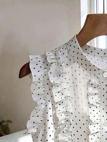 Blusa de mujer de gasa negra con lunares, elegante y romántica con volantes en el bajo - Blanco - Ver 3