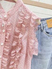 Blusa de mujer de gasa negra con lunares, elegante y romántica con volantes en el bajo - Rosa Pálido - Ver 4