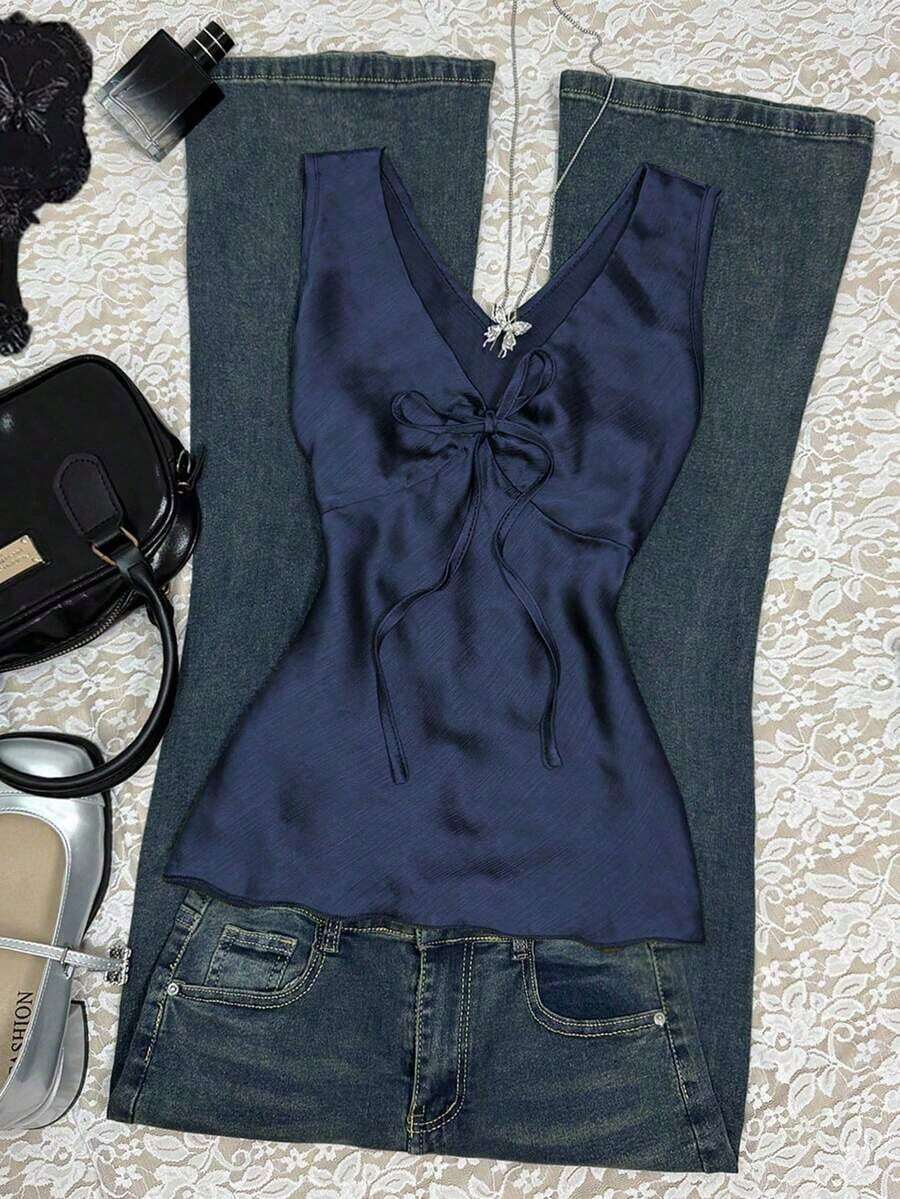 Camiseta sin mangas de moda casual con cuello en V y lazo frontal para mujer - Azul marino - Ver 1