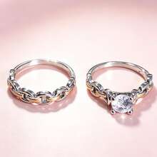 Set de 2 anillos cruzados bicolor unisex, anillos de cadena de mujer con cristales de moda versátil y de alta calidad, anillos de boda/compromiso de mujer de dos tonos, elegantes, para festivales - Plateado - Ver 4