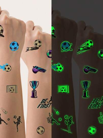 STARTTOOS 5pcs Glow-In-The-Dark Black & White Football Silhouette Temporary Tattoos, Waterproof Long-Lasting World Cup Fan Cheering Face Stickers, Sports Event Arm & Body Luminous Decals