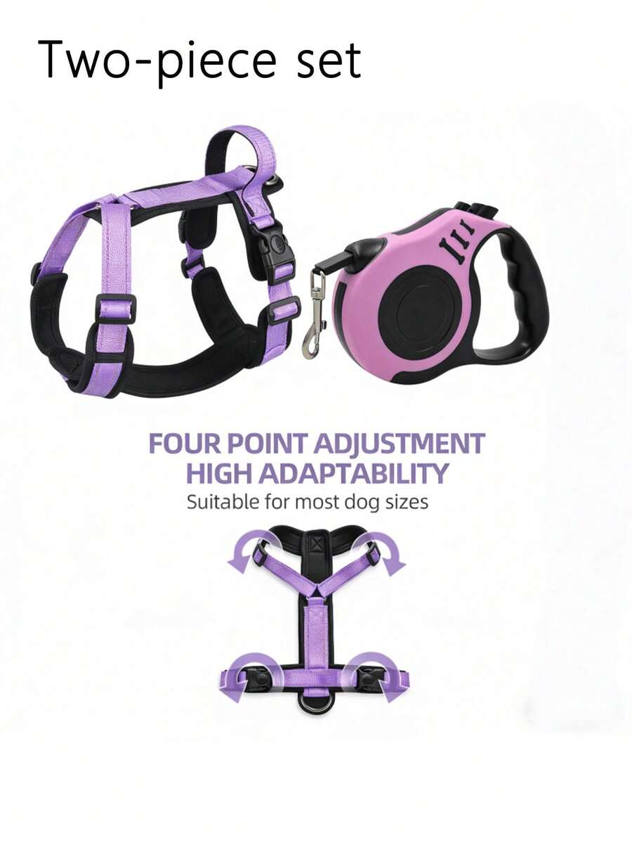 Anti-Snatching Anti-Pull Dog Chest Harness & Leash Set, 4-Point Adjustable Soft Breathable Thick Pet Vest, Lightweight Heat-Dissipating Design For Summer Walking Training, Suitable For Small Medium Dogs - Purple - View 1