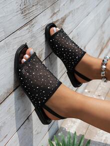 Women's Summer Flat Sandals, Fashion Rhinestone Decor Breathable Mesh Open Toe Slingback Backstrap Ladies Versatile Sandals - Black - View 4