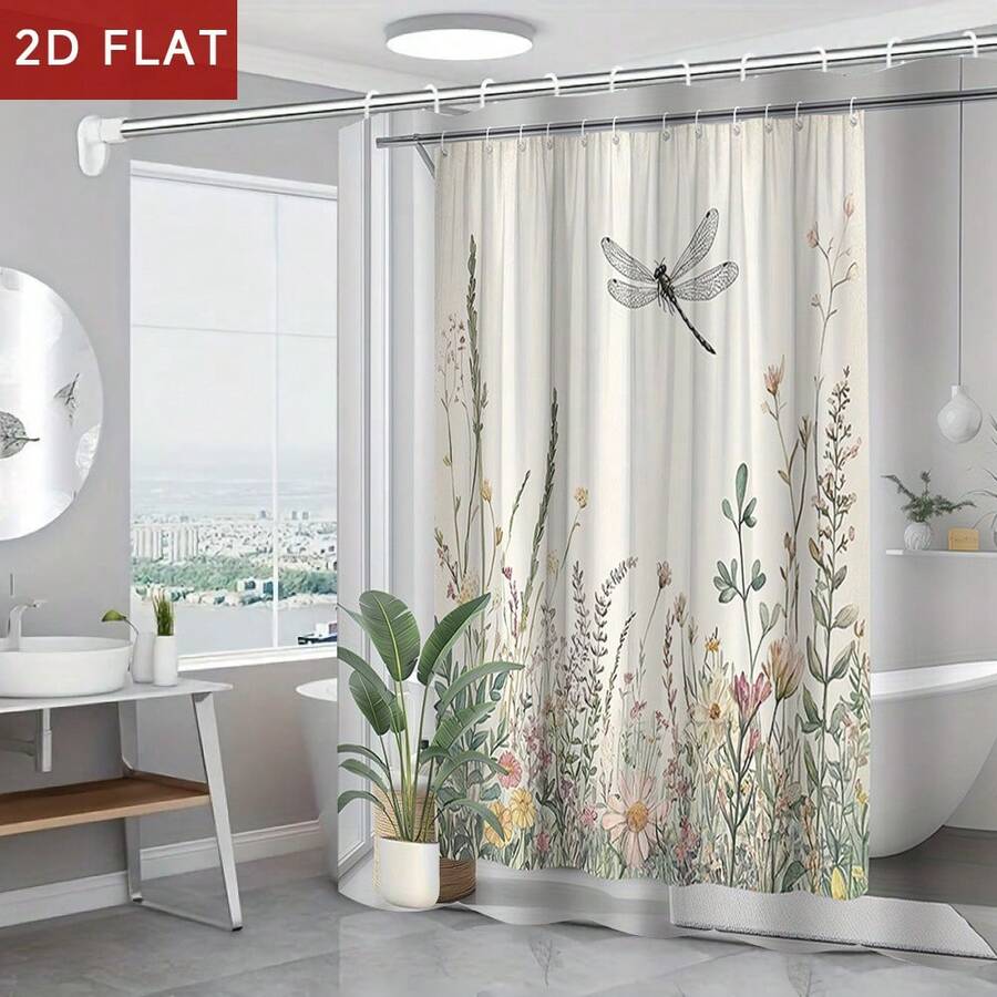 1pc Watercolor Dragonfly Wildflower Shower Curtain With Hooks, 70"X70" Waterproof Vintage Botanical Neutral Bathroom Curtain - 180*180厘米/70*70英寸 - 查看 1