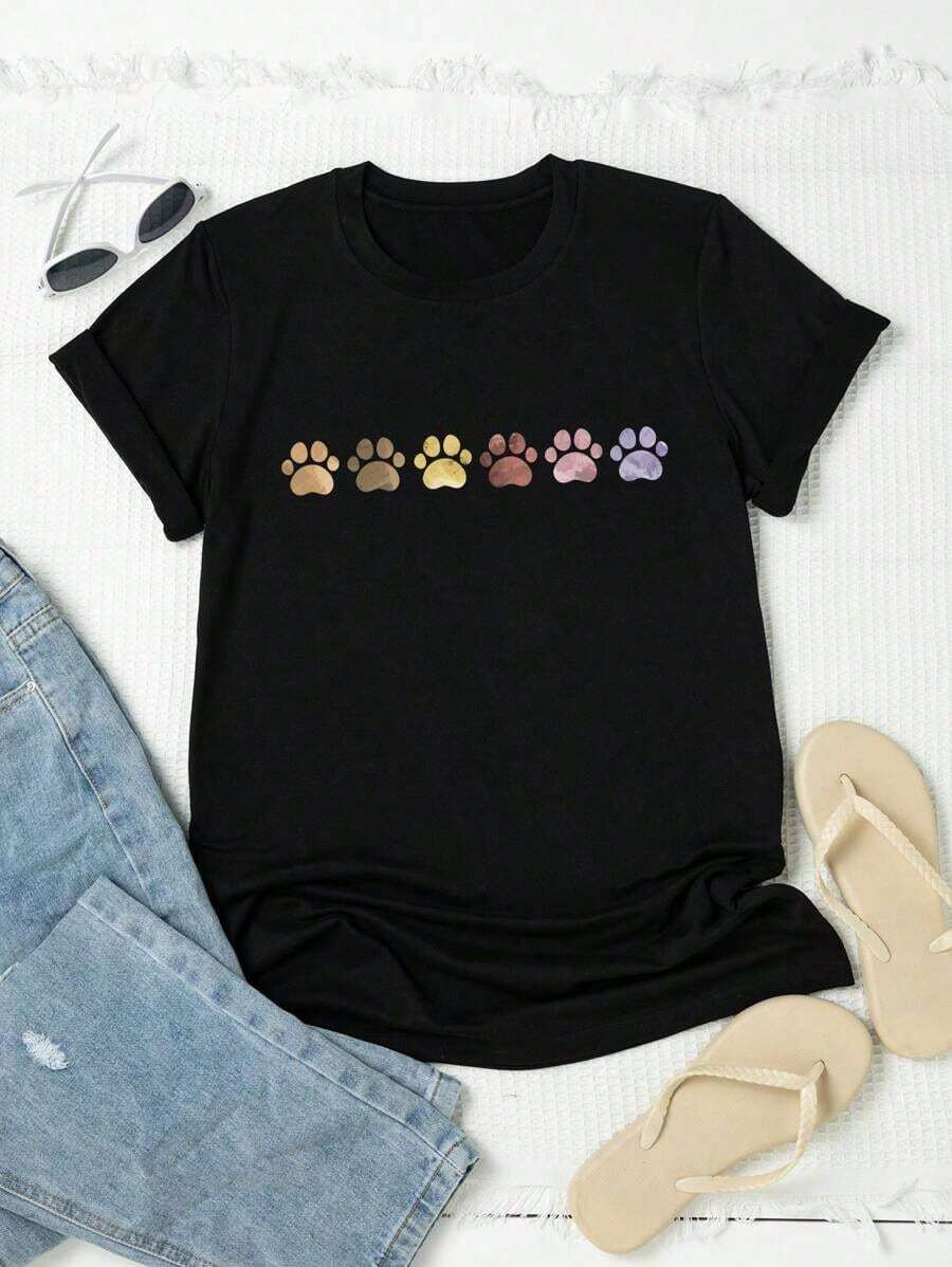 Parysyn Camiseta gráfica de mujer de tallas grandes con diseño de dibujos animados, para verano Cuello Redondo Algodón 100% Tejido Suave Manga Corta - Negro - Ver 1