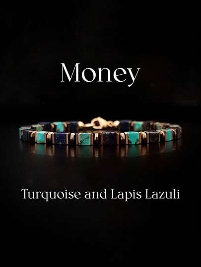Pulsera de cuentas cuadradas de turquesa y lapislázuli de estilo casual, joyería hecha a mano de piedras naturales para atraer riqueza, abundancia y prosperidad, adecuada para uso diario y como regalo