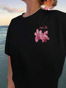 Camiseta de manga corta para mujer estilo vacaciones, elegante y casual, top de verano que combina con todo. - Negro - Ver 2