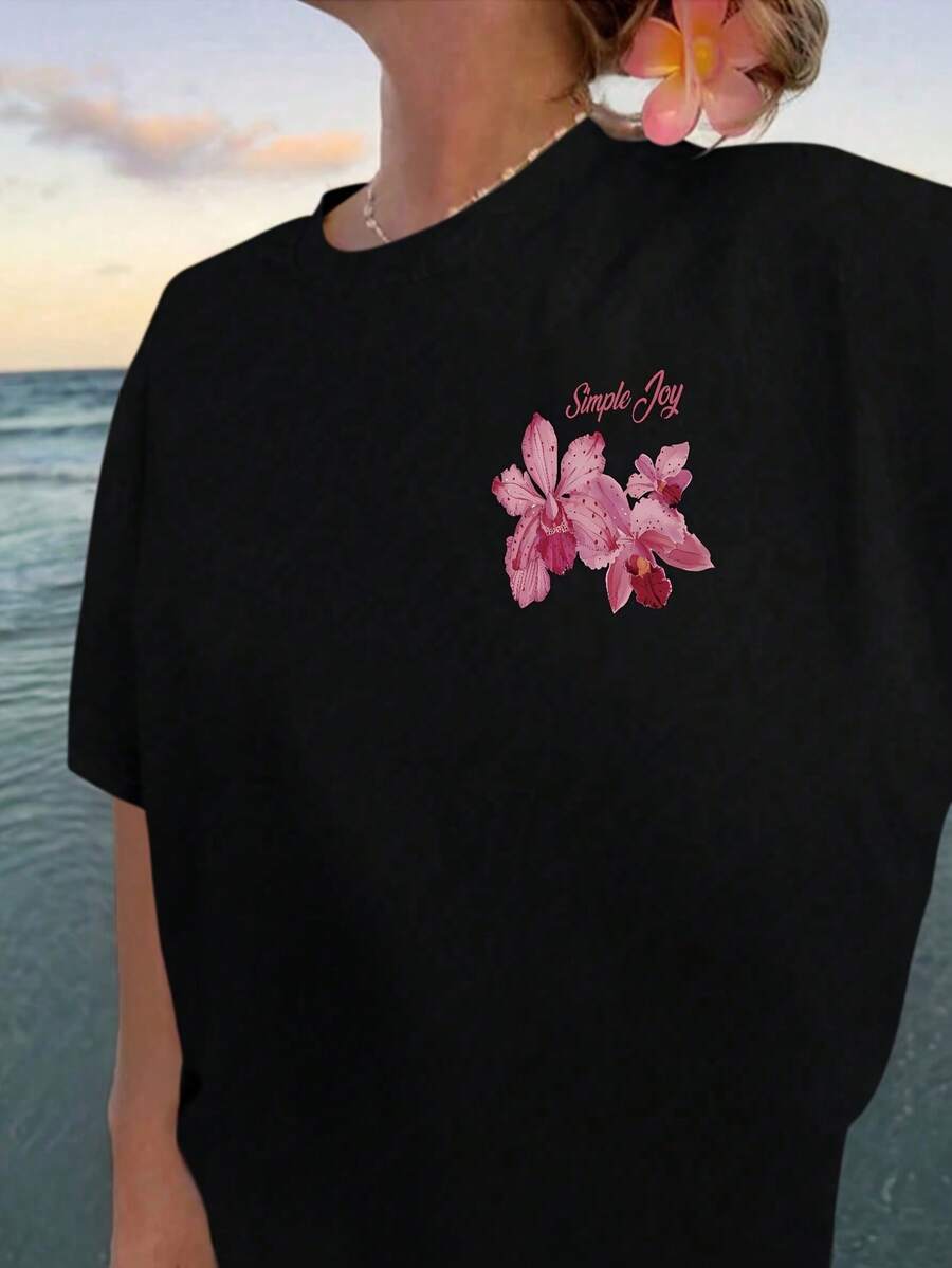 Camiseta Casual de Manga Corta con Cuello Redondo, Estampado Doble Cara de Flores y Letras, Oversize, Hombros Caídos, Moda Verano 2026 para Mujer - Negro - Ver 1