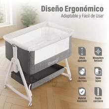 Cuna Colecho Ajustable con Función Mecedora, Mosquitero Retráctil y Ruedas con Freno - Gris - Ver 7