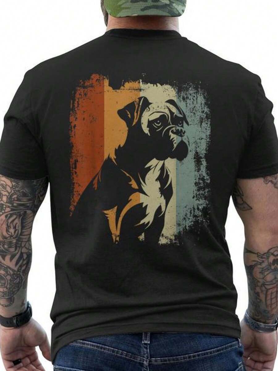 Boxer Dog Retro Vintage Print T-Shirt - Giftsyz - Men's T-Shirt - Pure Cotton - Comfortable And Breathable Fabric - Short Sleeve T-Shirt - Men's T-Shirt - Pure Cotton - Comfortable And Breathable Fabric - Short Sleeve T-Shirt - Loose And Comfortable For Summer. - Black - View 1