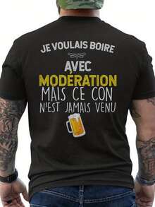 Men's T-Shirt With A Funny "Drinking Beer" Print On The Back - With The French Text "I Drink Beer To Relax" - With Yellow Lettering - Soft And Breathable T-Shirt For Parties, Barbecues And Casual Wear - Casual Humor Clothing For Beer Lovers, Ideal For Parties, Barbecues And Casual Wear - Loose And Comfortable For Summer. - Black - View 1