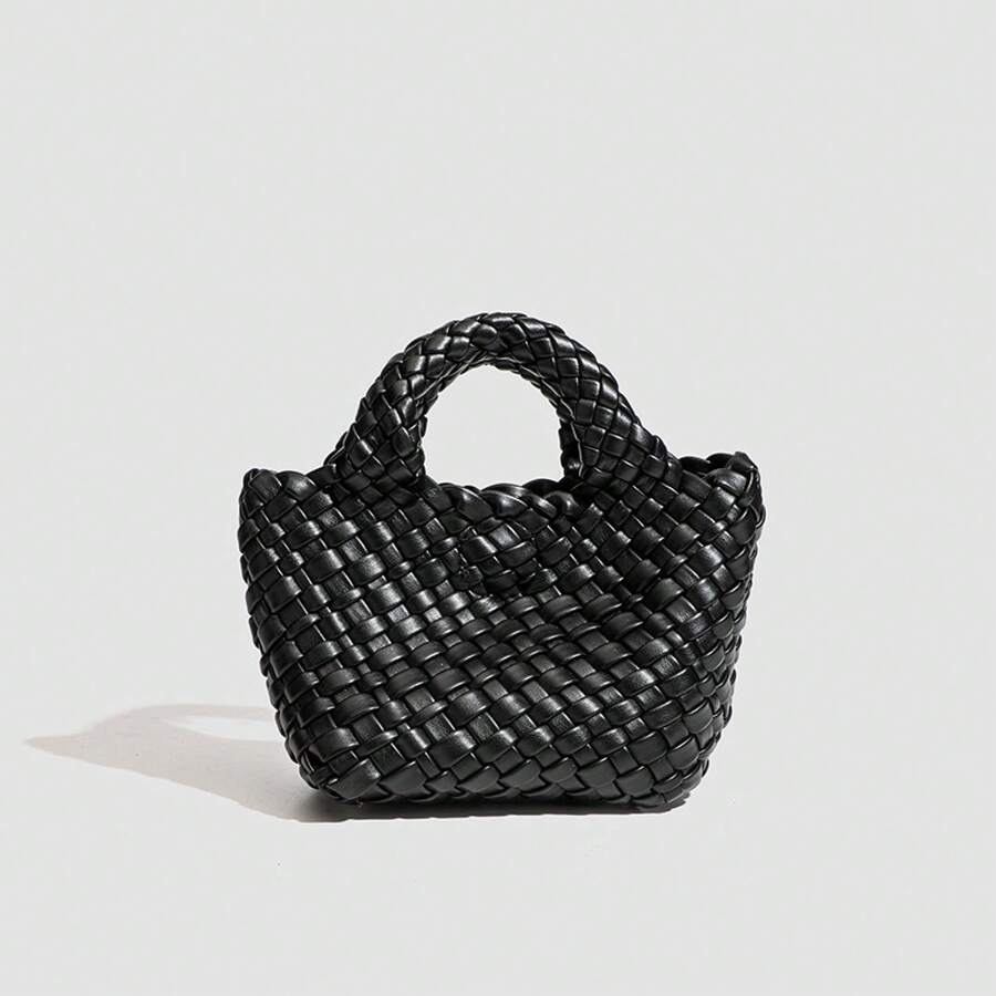 Handgeflochtenes Set aus großer und kleiner Tasche (Mutter-Kind-Tasche) – hochwertig wirkende Henkeltasche mit Kette, mini crossbody kleine Tasche, schlicht und modisch. - Schwarz - Übersicht 1