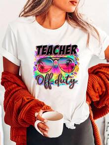 Camiseta de Cuello Redondo con Estampado del Día del Maestro, Top Casual de Manga Corta para Verano y Primavera, Ropa de Mujer - Blanco - Ver 8