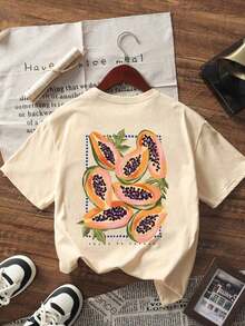 Camiseta de manga corta de cuello redondo con estampado de papaya, de moda minimalista y versátil, adecuada para mujeres,Camisetas Gráficas de Verano para Mujer - Albaricoque - Ver 3