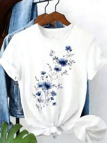 Camiseta de algodón de manga corta para mujer - Camiseta de talla grande cómoda y elegante con diseño floral azul en acuarela, perfecta para mujeres con curvas para salidas casuales diarias y adecuada para todas las estaciones. - Negro - Ver 7