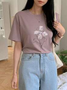 Camiseta holgada y casual con estampado, adecuada para vacaciones en la playa con diseño floral - Morado - Ver 2