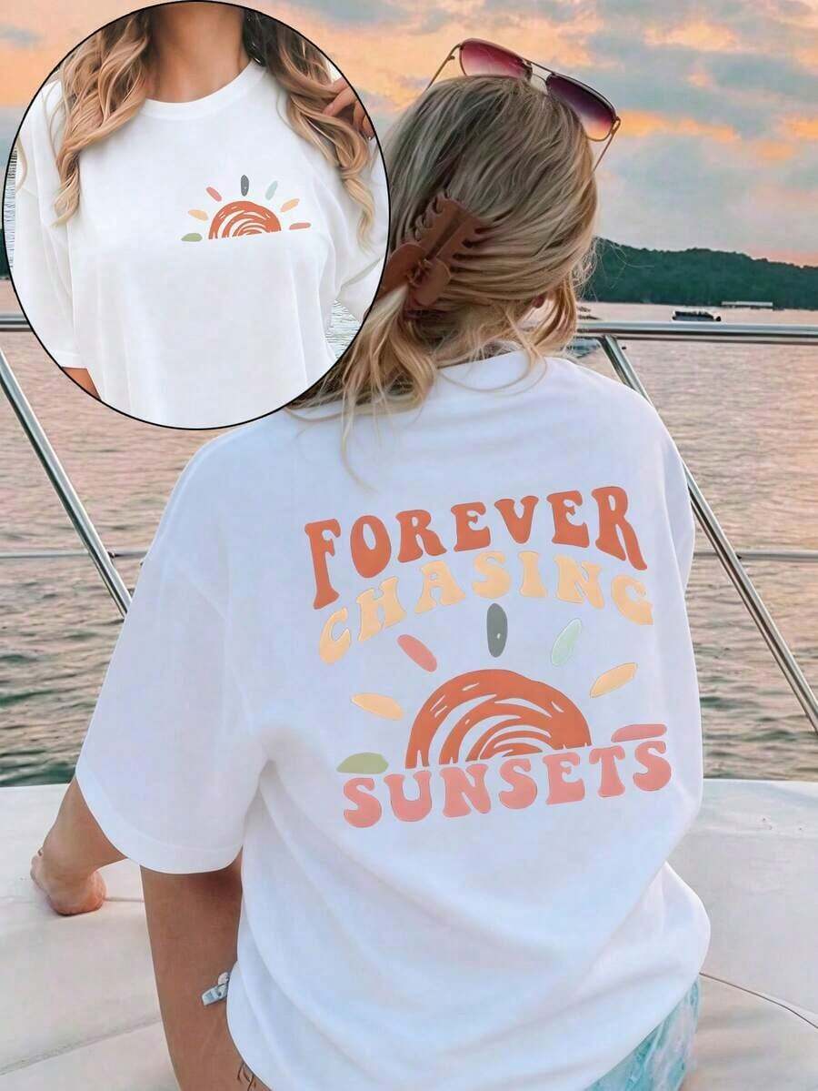 [Entrega Local]Playera Para Mujer  Camiseta de Manga Corta Talla Grande Para Mujer, Estampada Con Patrón de Eslogan, Adecuada Para el Verano, Camisetas Gráficas FOREVER CHASING SUNSETS, Tops Para Mujer - Blanco - Ver 1