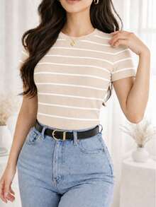 Women's Basic Ribbed Cotton Striped Blouse - Beige - View 2