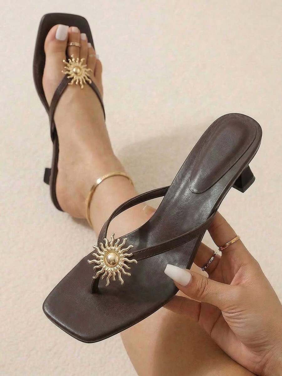 Women's Casual Summer Slip-On Sandals With Kitten Heels And Gold Sunflower Decor, Elegant Ladies Sandals, Flip Flops, Suitable For Commuting, Dating