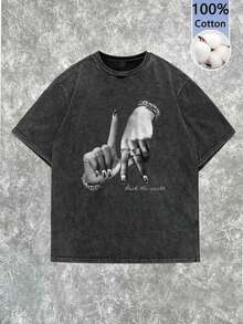 Women's Short-Sleeved T-Shirt With Round Neck And Graphic Print, Minimalist Casual Style, Loose Fit, Cotton, For Summer, Unisex, For Back To School. - 黑色 - 查看 7
