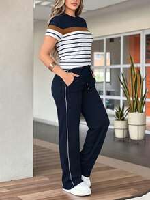 Conjunto informal de 2 piezas para primavera/verano, con top de manga corta de color contrastante y pantalones de cintura ceñida de unicolor. Ajuste favorecedor y cómodo apto para uso diario - Negro - Ver 9