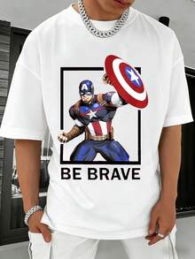 Marvel Shield Pose Be Brave Graphic T Shirt 100 Percent Cotton Mens T Shirt    Universe  Superhero Men's Summer Outfits Men Clothes Mens Tops Streetwear Mens Gift Ideas Innerwear Or Outfits,Mens Fashion - White - View 4