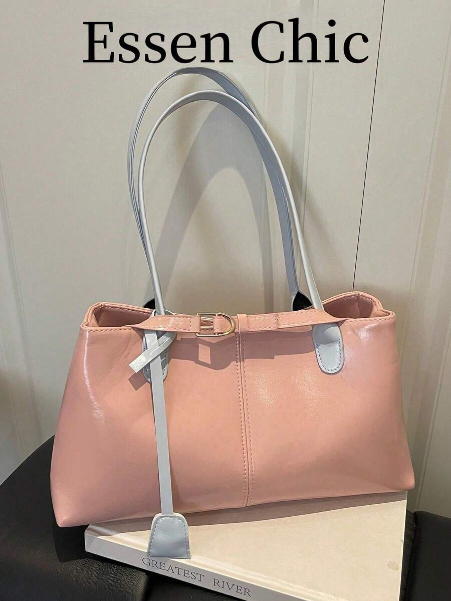 1 pieza Bolso de mano grande con capacidad de carga, decorado con correa rosa, de piel sintética con parches, bolso de hombro para mujer, nueva llegada de primavera