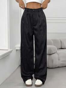 Striped Tailored Wide Leg Pants - Black and White - View 1