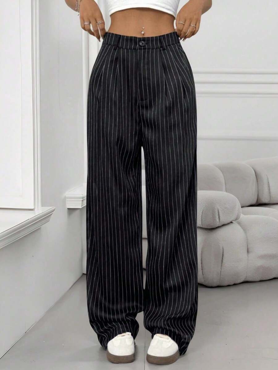 Striped Tailored Wide Leg Pants - Black and White - View 1