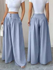Nuevos pantalones anchos de mujer de estilo casual y elegante con diseño de hebilla floral, color caqui de lino, pantalones largos adecuados para el Día de Acción de Gracias, Halloween, primavera/verano - Celeste - Ver 2